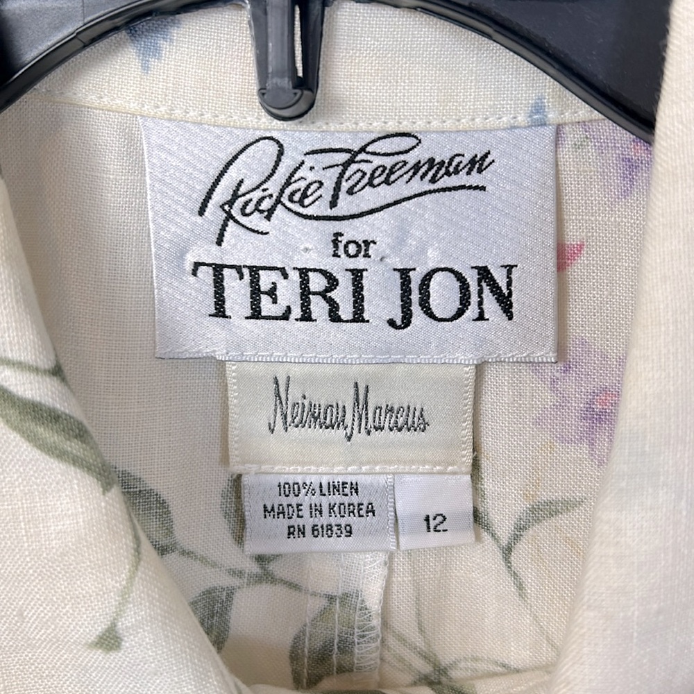 Teri Jon Neiman Marcus Vintage Cream and Green Linen Dress Size 12 - Picture 2 of 8